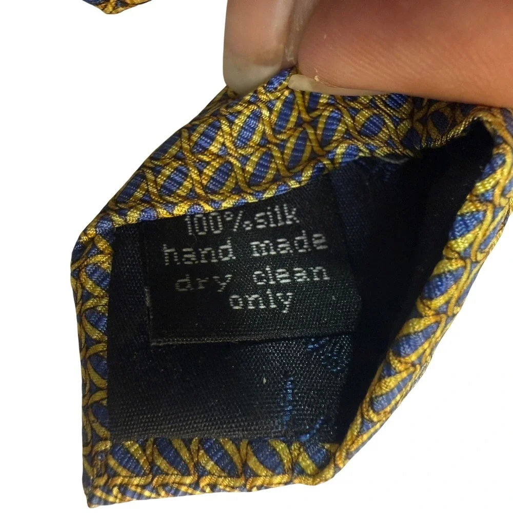 Vintage Bijoux Terner 100%‎ Silk Tie Mens Gold Blue Silk Geometric Handmade Chic